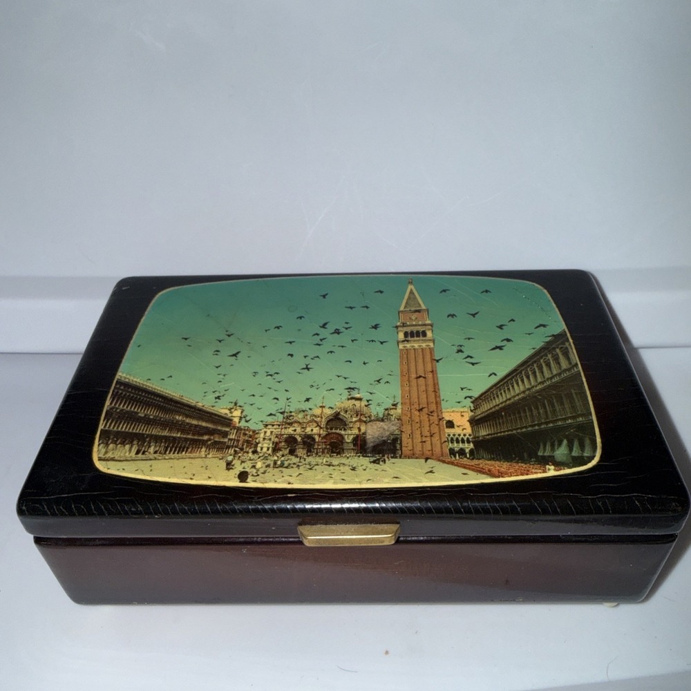 Vtg Reuge Swiss Piazza San‎ Marco Lacquer Music Jewelry Box  Wood Inlay Works